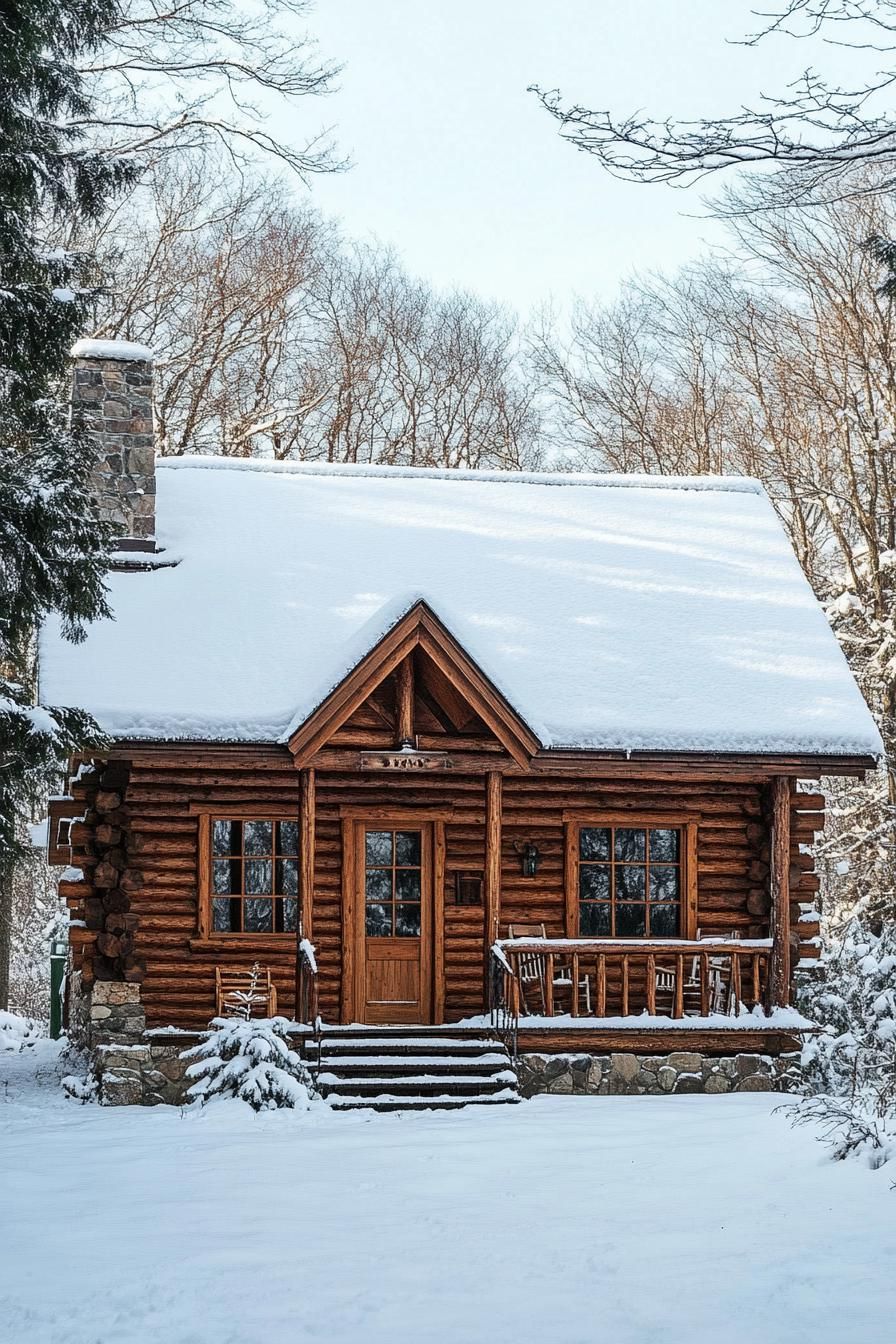 Quaint log cabin nestled in snow