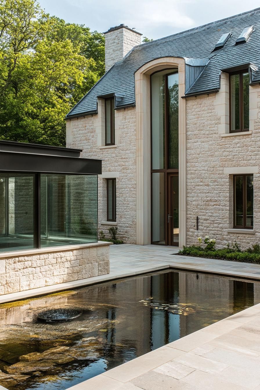 Modern British house with stone facade and tranquil pond