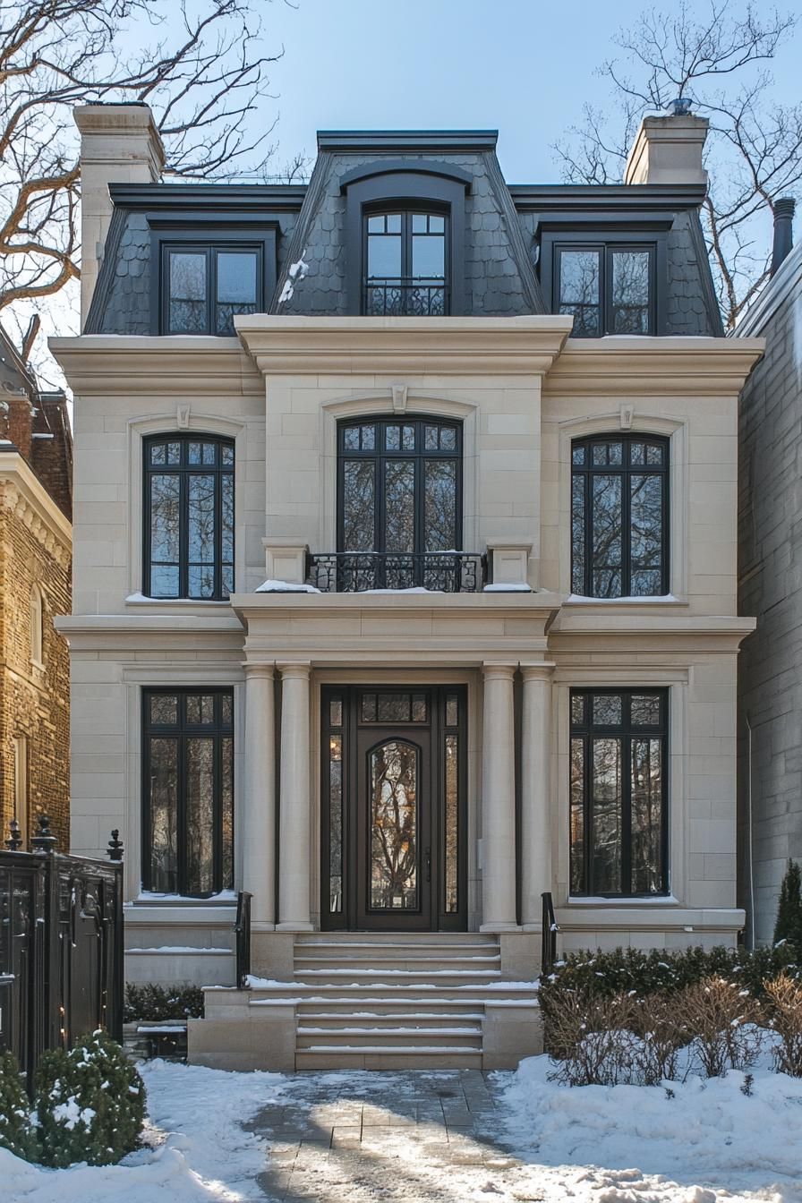 Elegant townhouse with snow-dusted steps