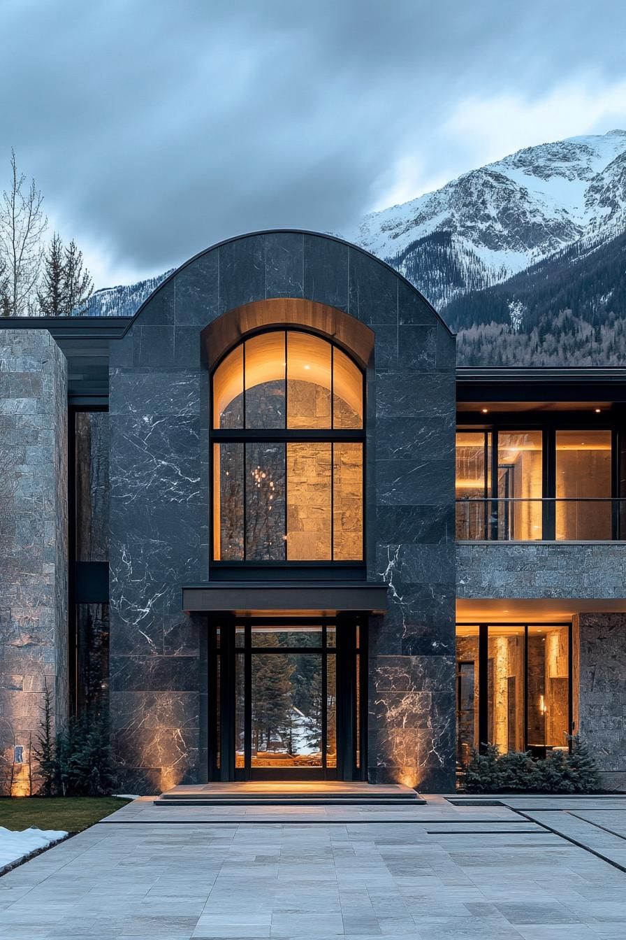 Modern stone house with large arched window and mountain views