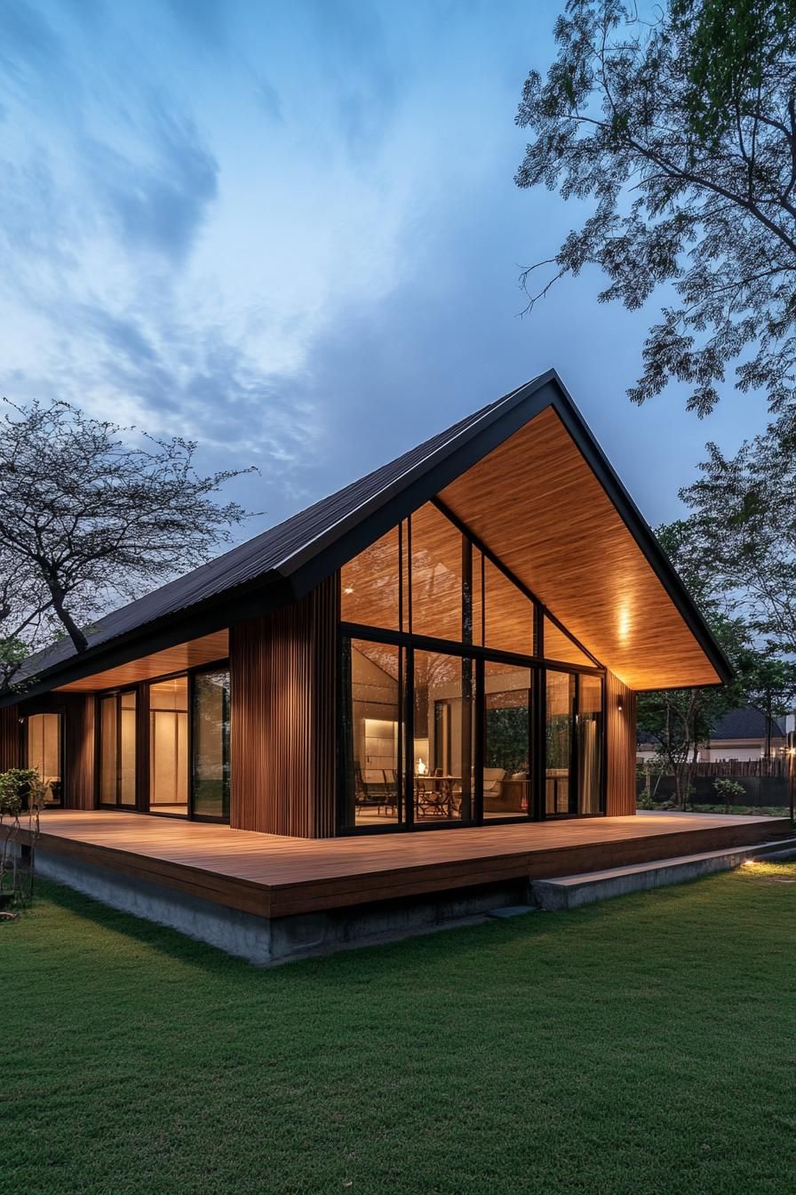 Modern Thai house with wooden and glass exterior at twilight