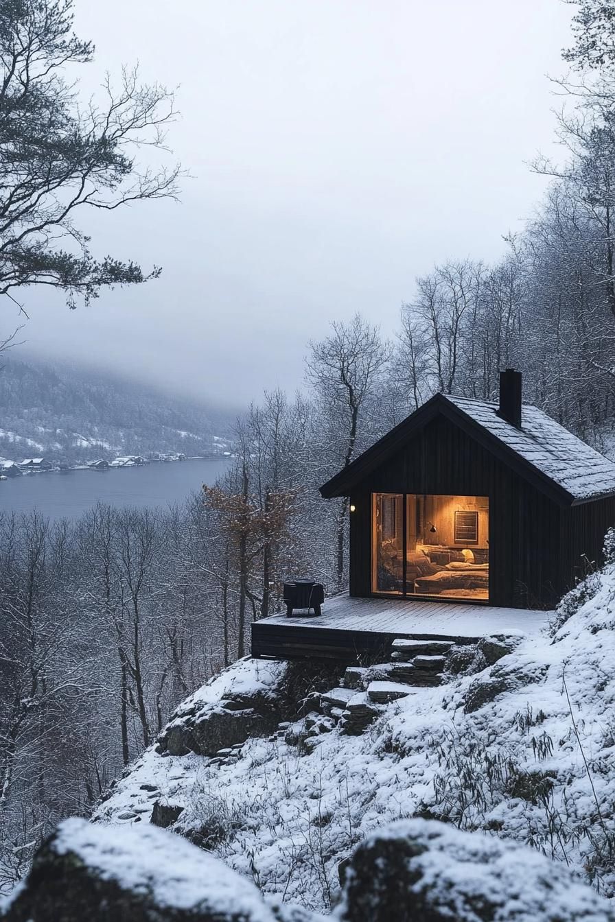 A tiny wooden cabin overlooking a snowy landscape and lake