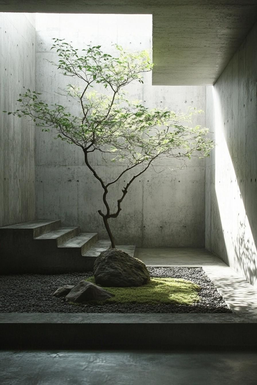 Minimalist courtyard with a tree and stone in a Japanese house