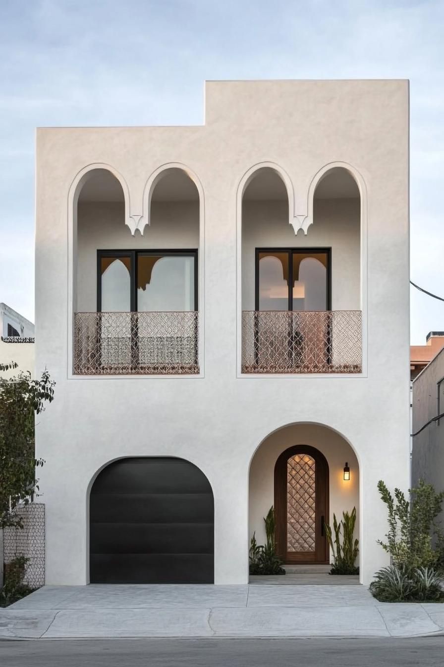 minimalist small white concrete house facade with a row of narrow arches covering balcony and windows under the balcony there is a column of small 3