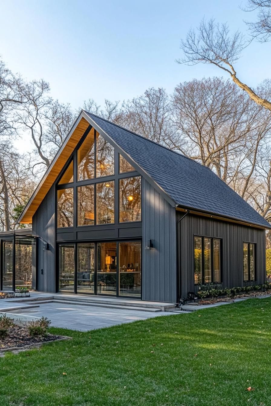 Modern barn house with large glass windows surrounded by trees