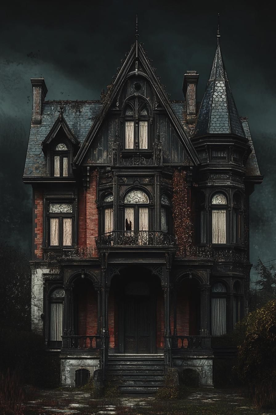 Gothic house with pointed tower against dark sky