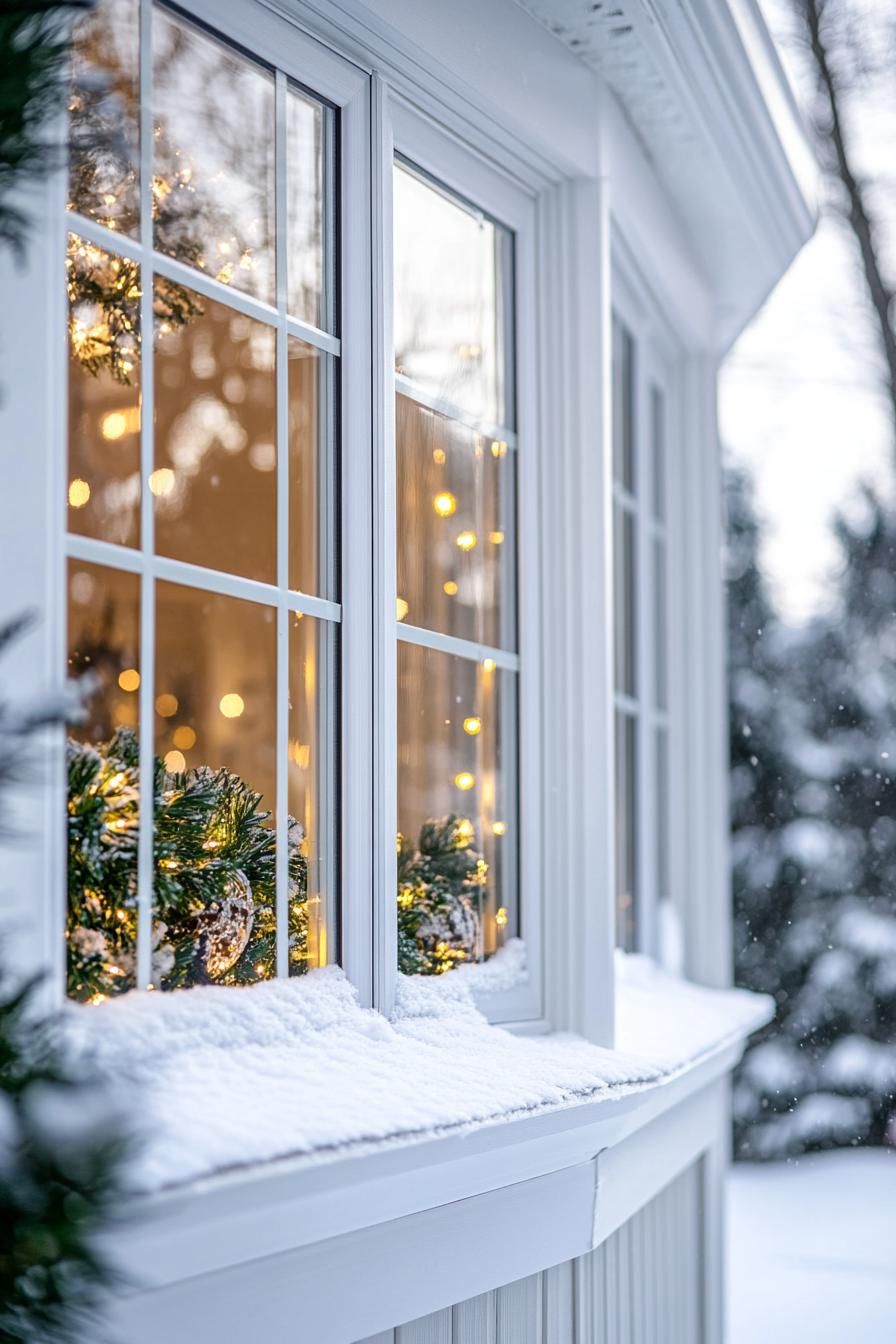 up close of a bay window in white trim from the exterior christmas snow on strings decorations inside the window