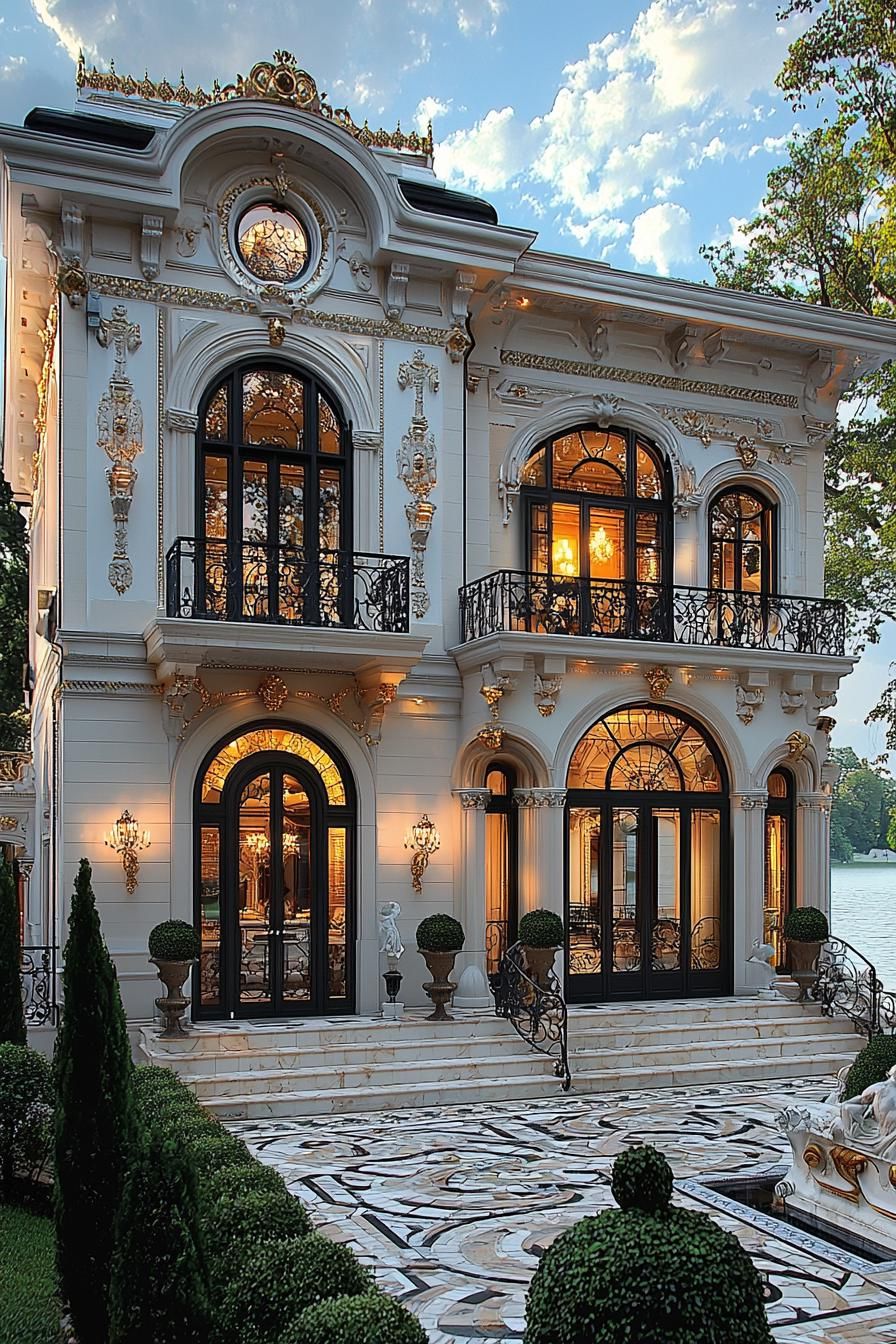 Ornate mansion with intricate details by a lake