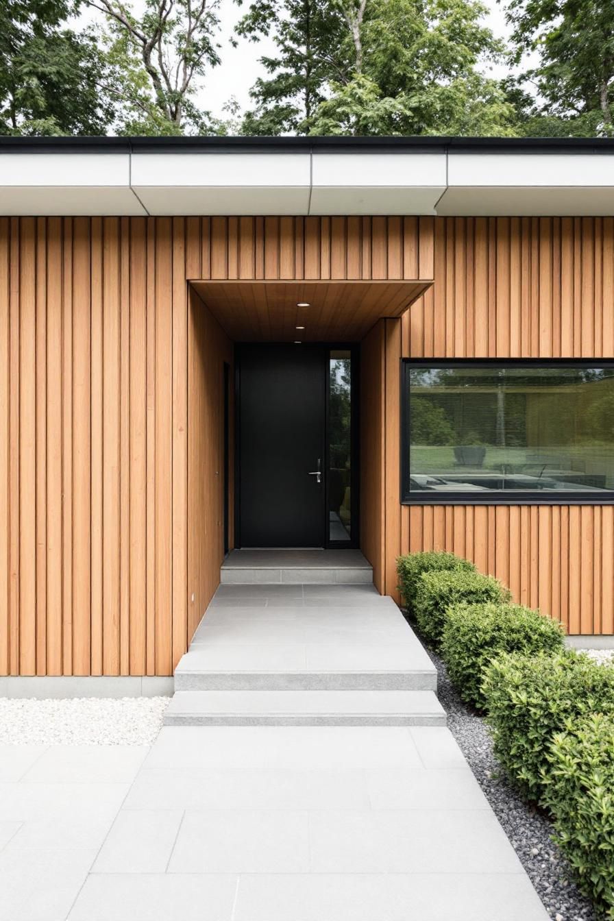 Modern house with vertical wood paneling and black door