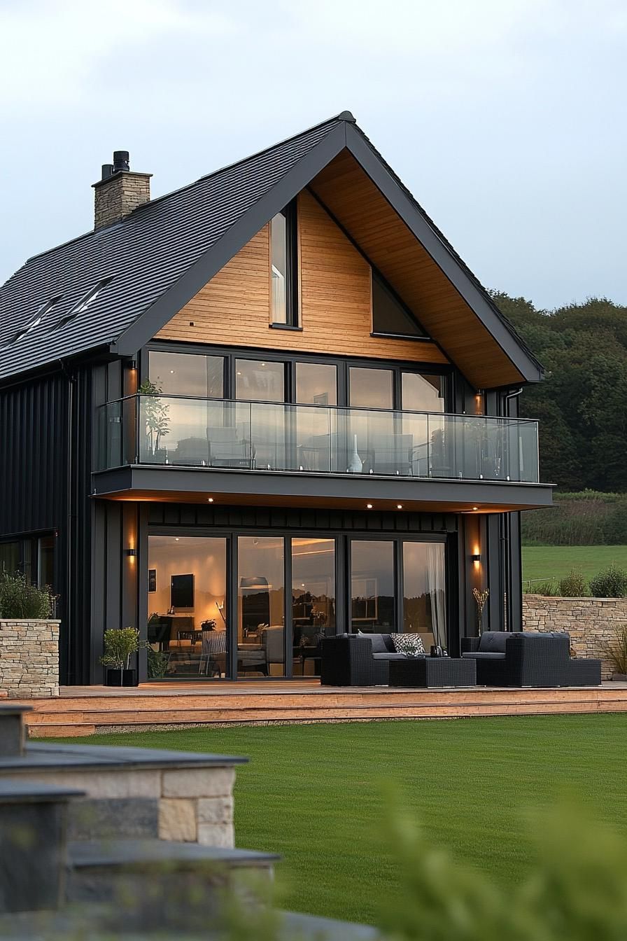 Modern barn house with large windows and a spacious wooden deck