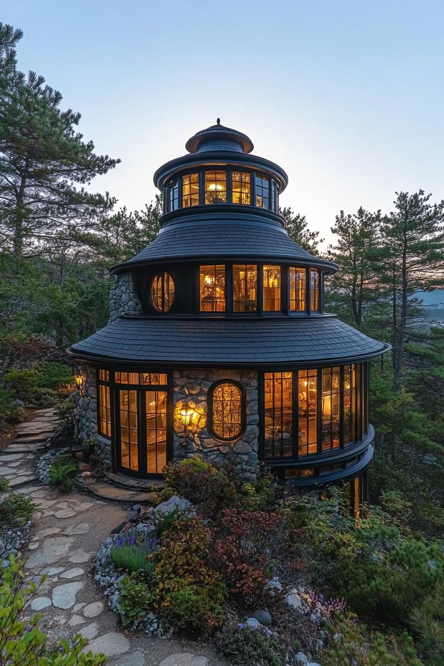 Fairytale-style stone tower dwelling nestled in the woods