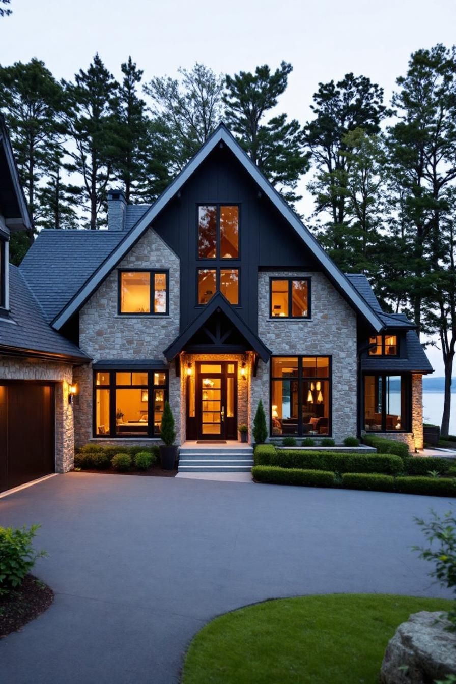 Elegant stone cottage surrounded by trees