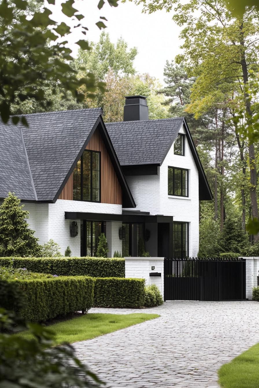 Cozy Tudor house with black accents and lush greenery