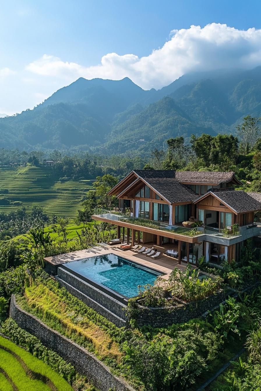 Luxurious villa overlooking lush hills and a sparkling pool