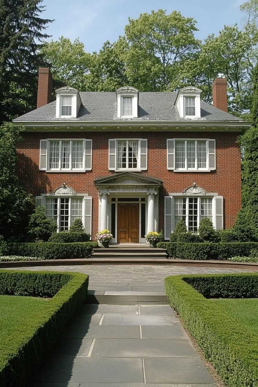 Classic Georgian house with columns and hedges