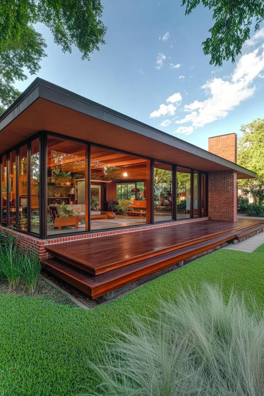 mid century modern house with full wall windows flat roof with large eaves natural wood and red brick large wooden deck front yard landscaping 2