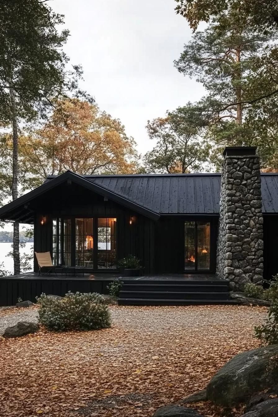 A dark cabin in an autumn setting with a stone chimney