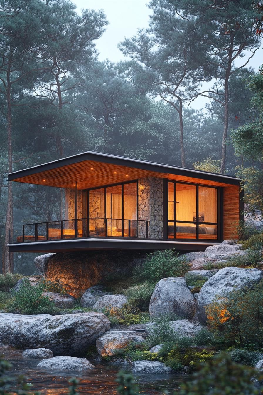 Modern cabin with glass walls on a rocky outcrop