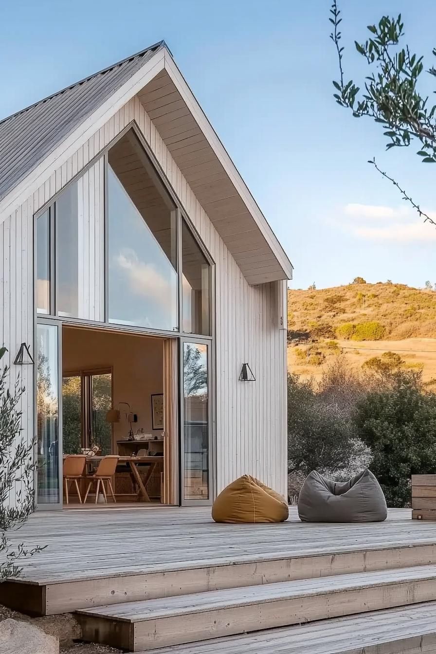 Modern barn house with large glass windows and wooden deck