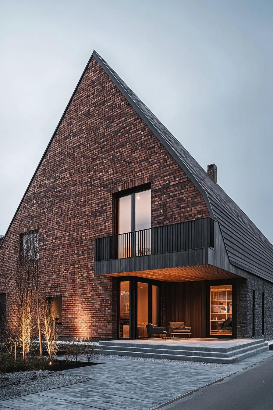 Modern brick house with slanted roof and balcony