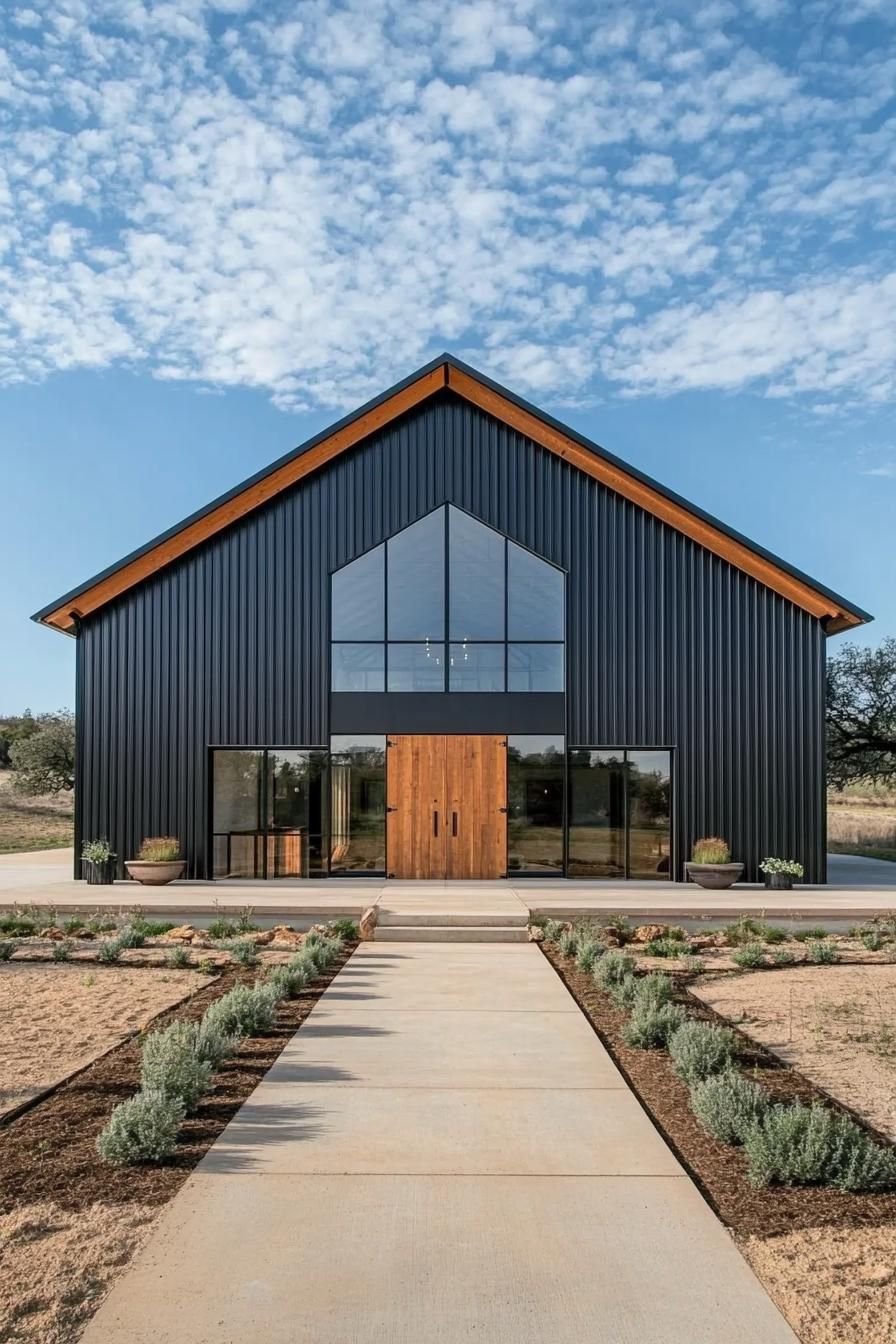 Modern barndominium with wooden doors and glass windows