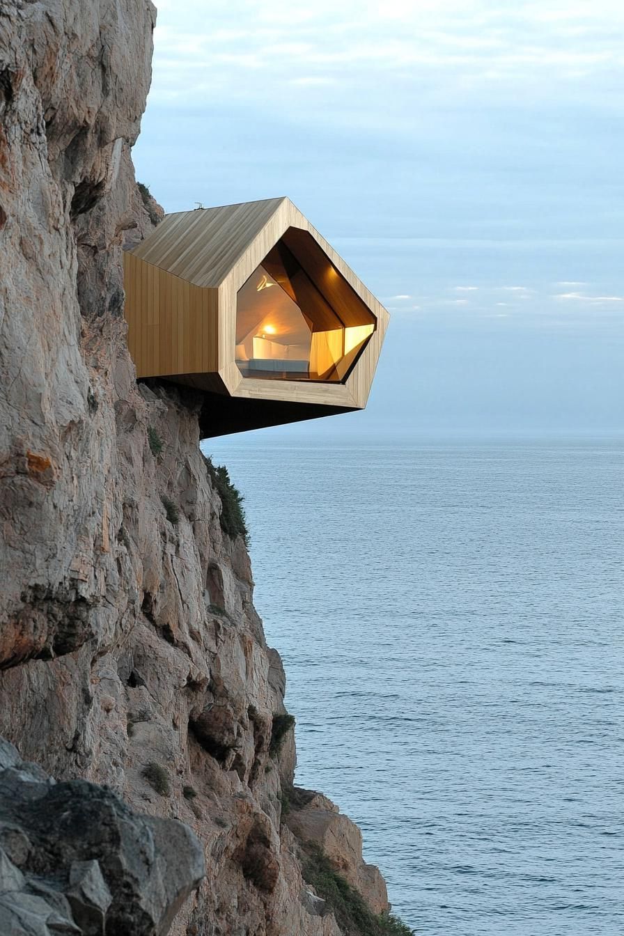 geodesic modern luxury cabin cantilevered on the cliff edge with stunning views