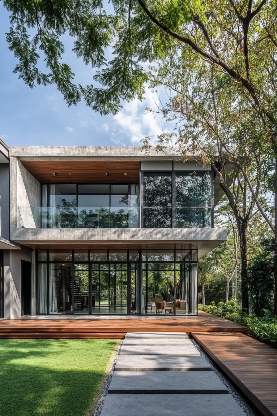 Modern house with large glass windows and wooden accents surrounded by lush greenery