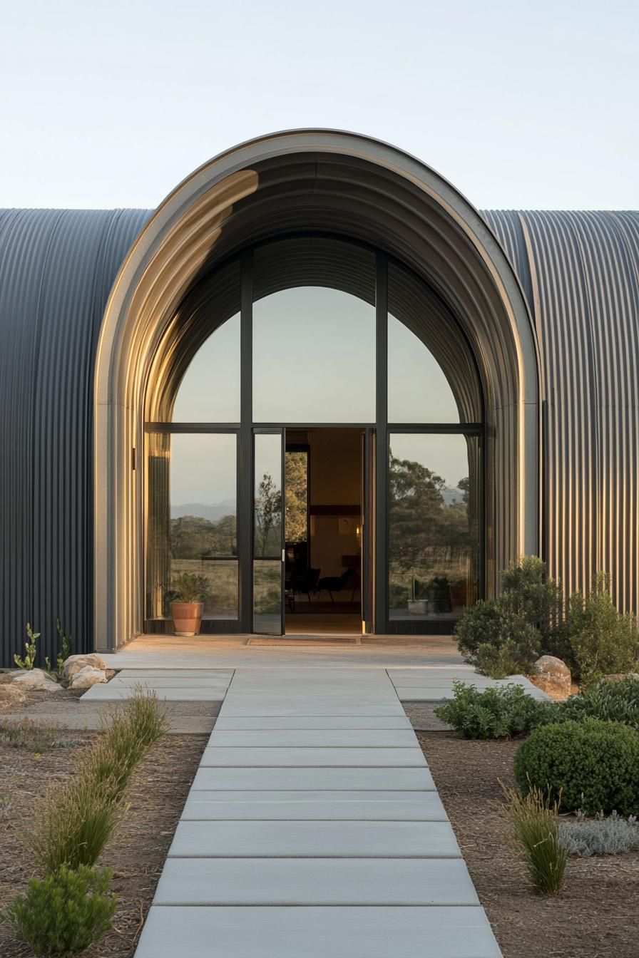 Quonset hut with a glass entrance and landscaped path