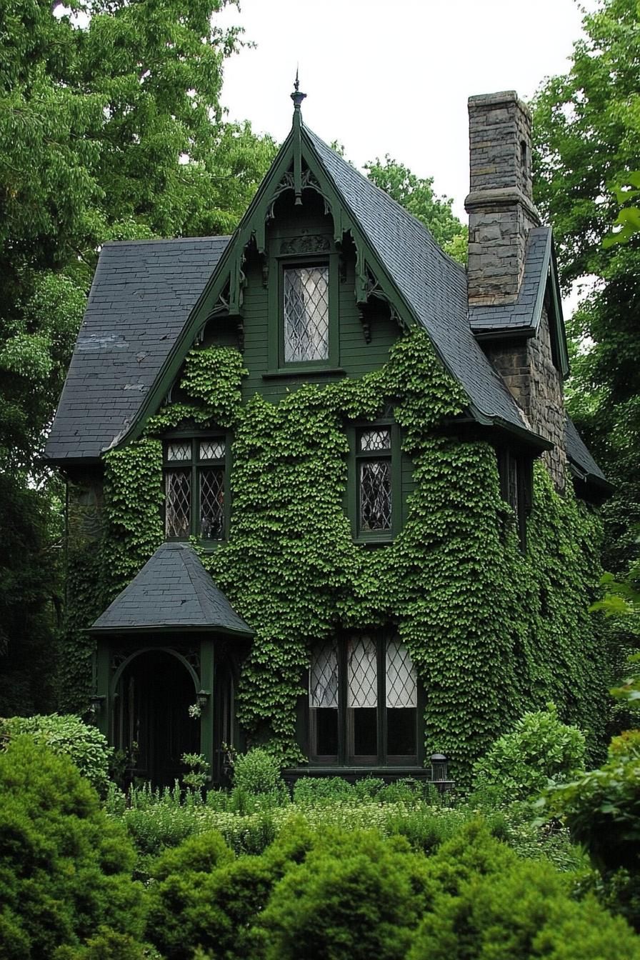 Gothic cottage covered in lush ivy