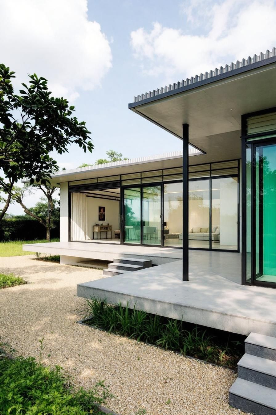 Modern Thai house with glass walls and greenery