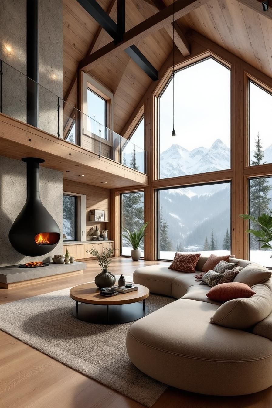 Modern cabin living room with large windows and mountain views