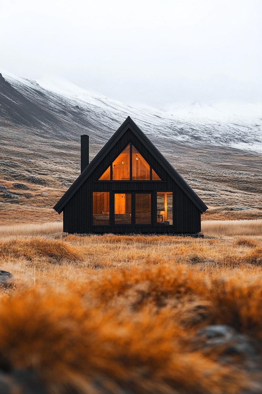 A black cabin nestled in an autumn field with snowy hills in the background