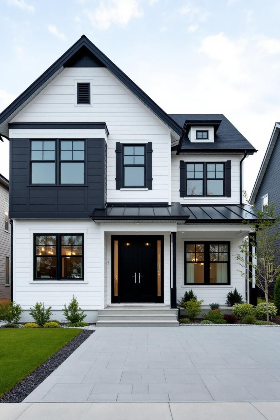 A bright house featuring stark black trims