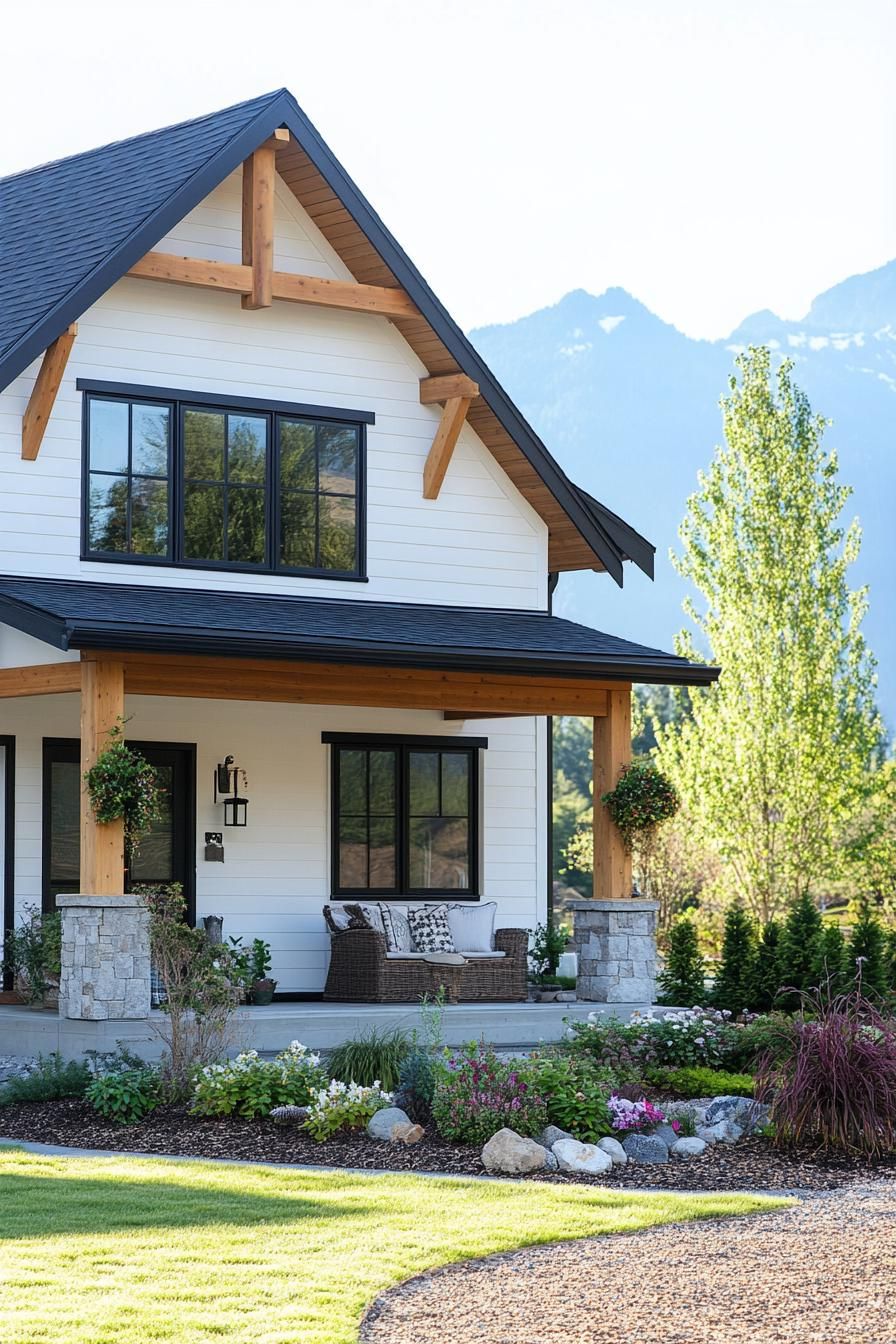 Wooden farmhouse porch with mountains in the background