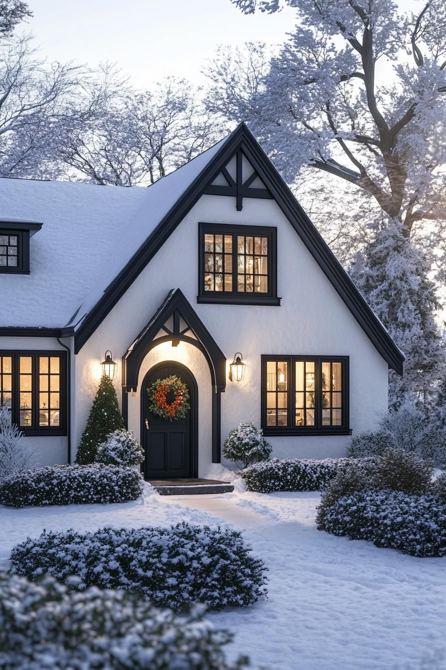 Snow-covered Tudor house with warm lights glowing