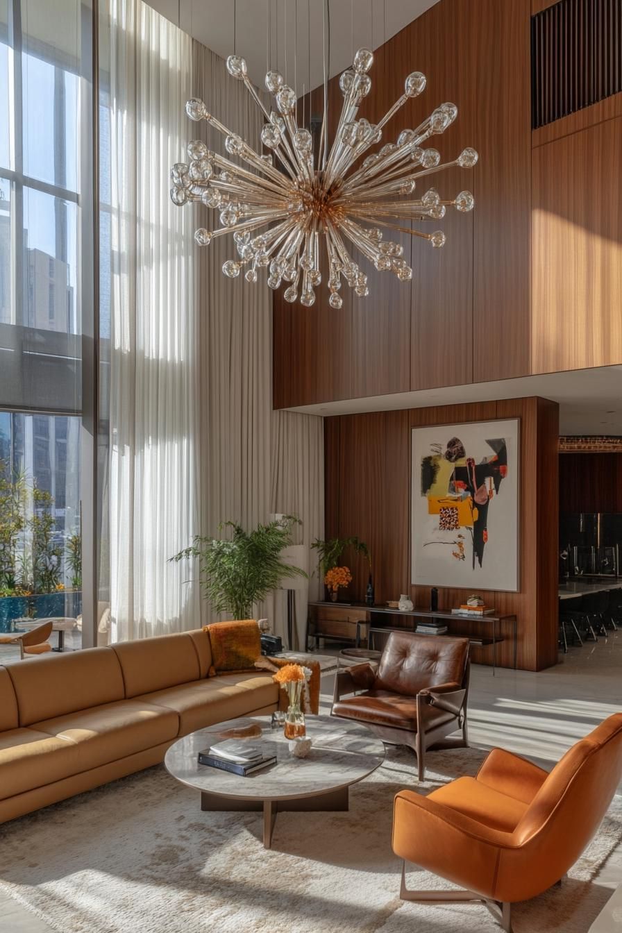 Mid-century living room with bold chandelier