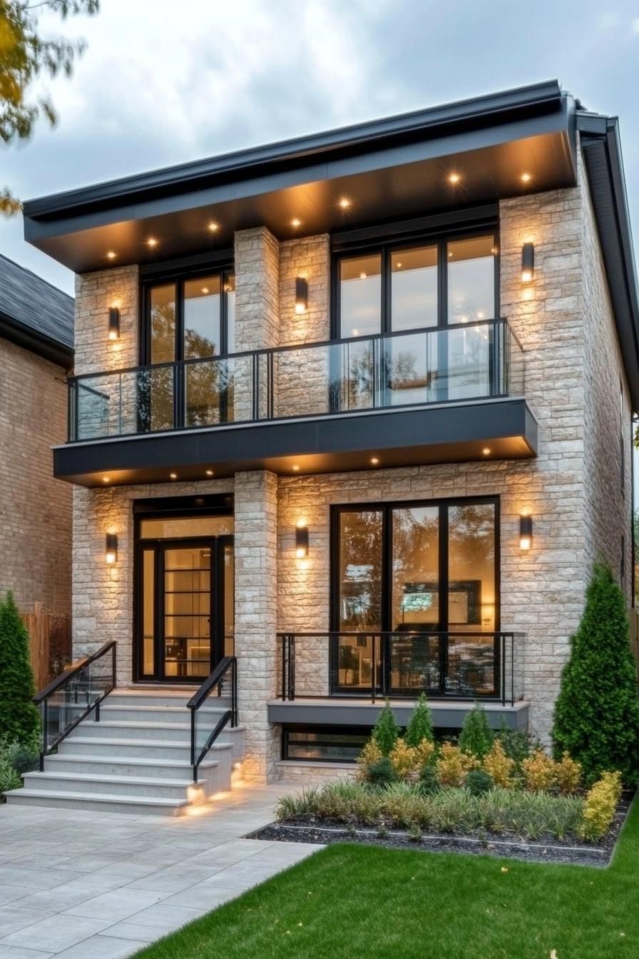 modern villa design with limestone brick siding balconies with glass railings black thick roof eaves wiht LED lights front steps with LED lights 3