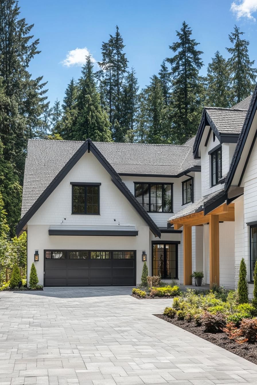 Modern house with gabled roof amidst tall trees