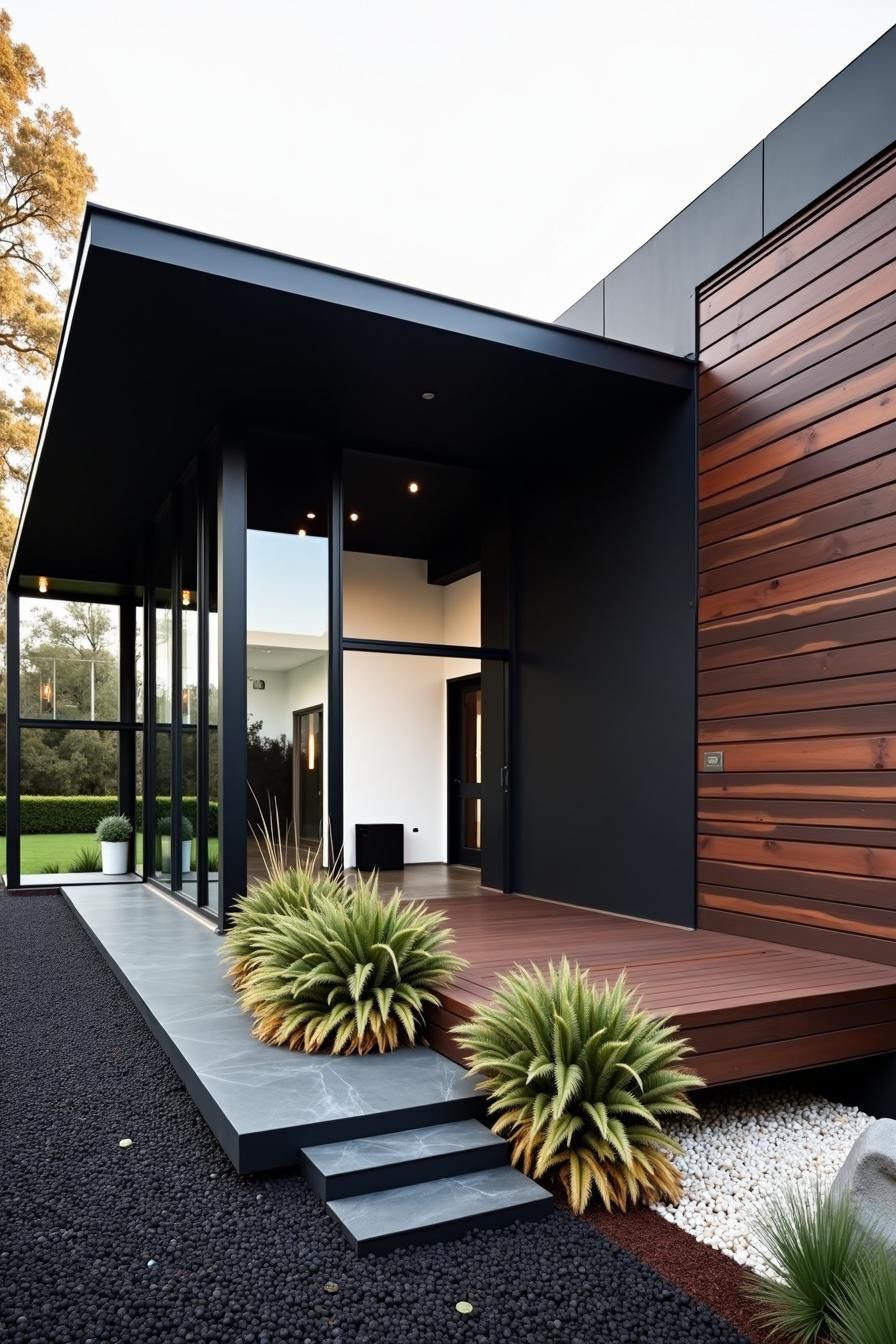 Modern black house with sleek lines and wood accents