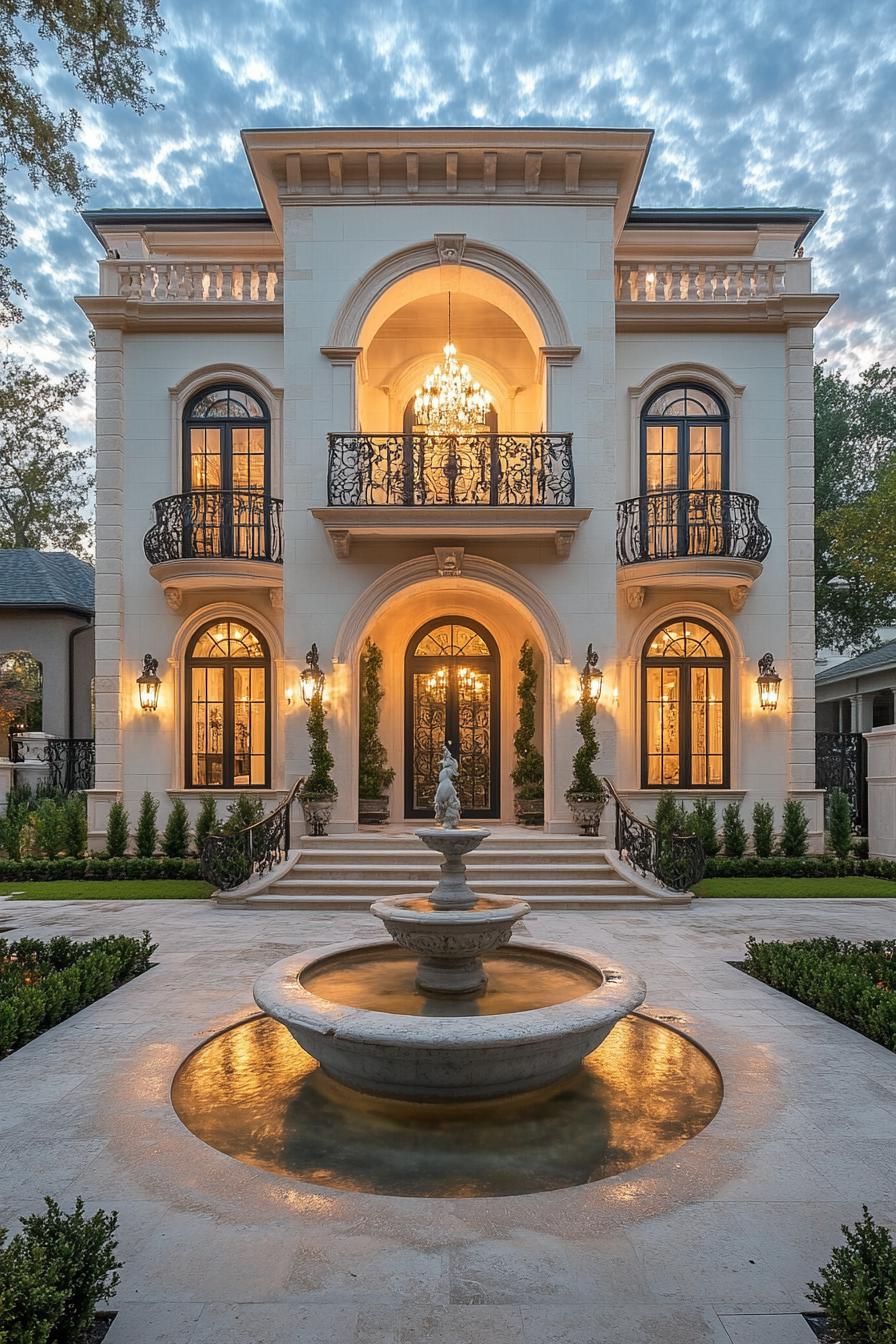 Large elegant home with ornate balconies and a central fountain