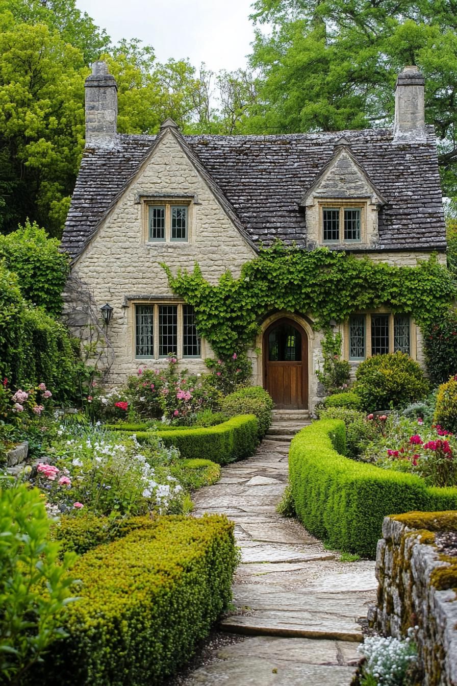 Charming stone cottage with a lush garden path