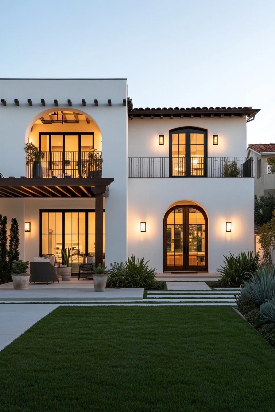 Two-story Mediterranean house with glowing windows