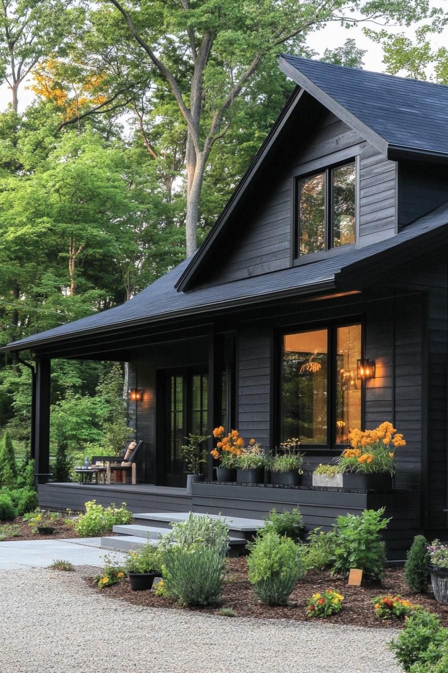 Dark wooden house with large windows surrounded by lush greenery