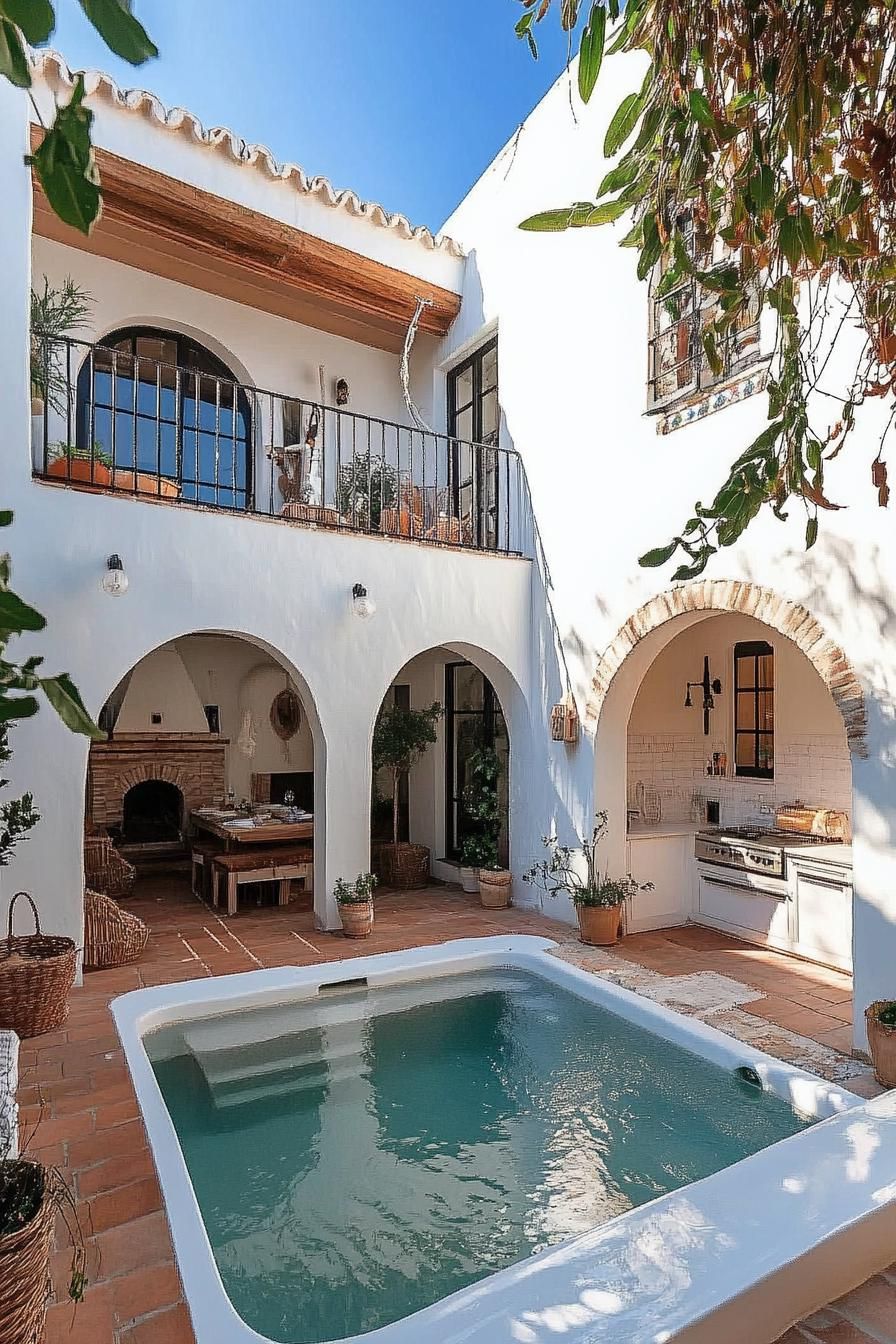 small modern white spanish house courtyard with a plunge pool theres an outdoor kitchen under large arched deck 2