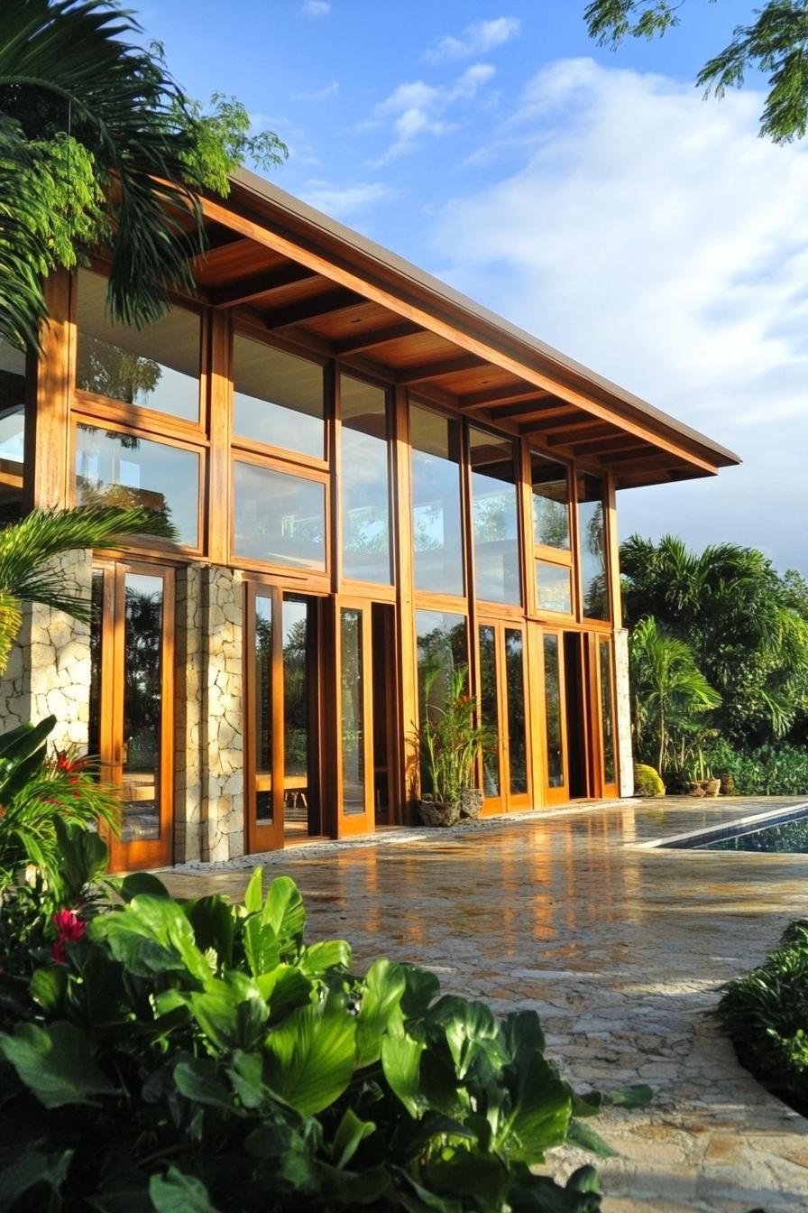 Modern tropical villa with glass walls and lush surroundings