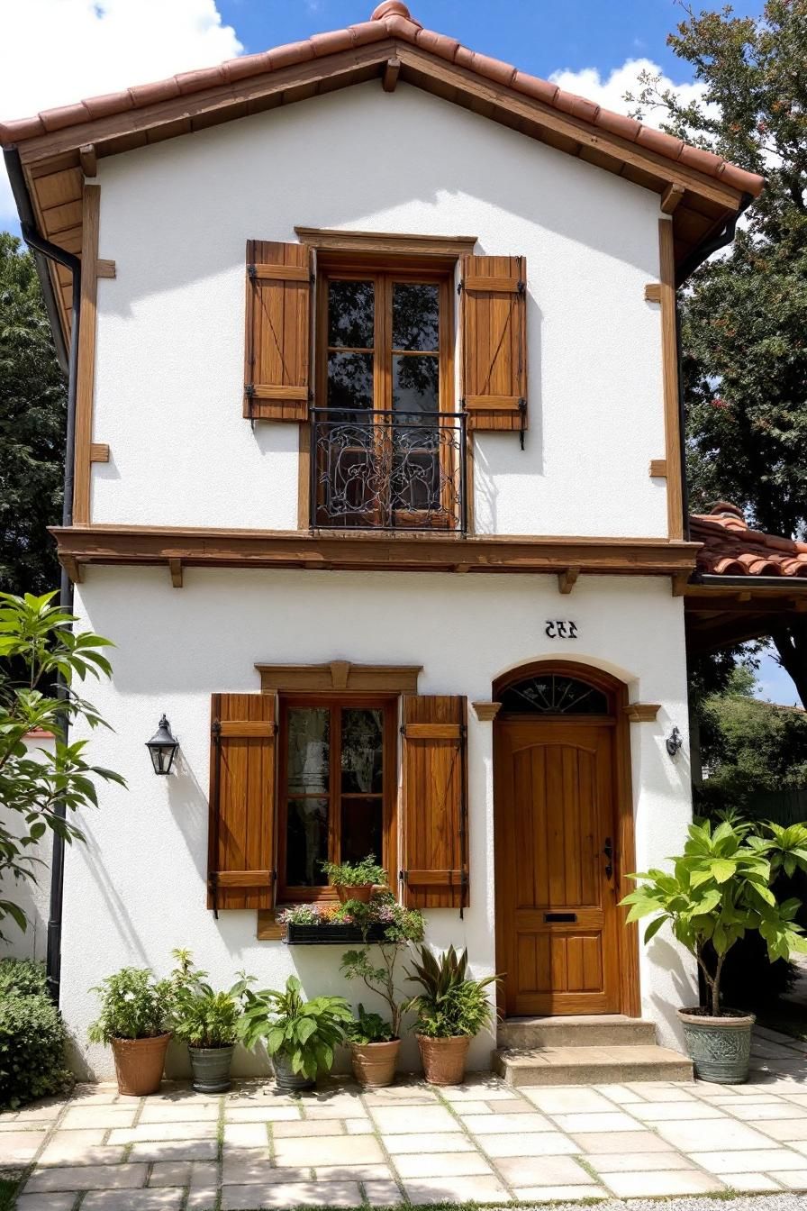 Cozy villa with wooden shutters and potted plants