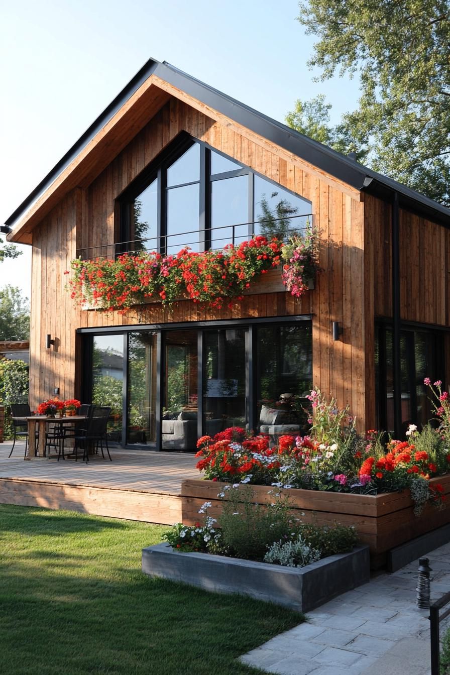 Wooden house with large windows and vibrant flowers