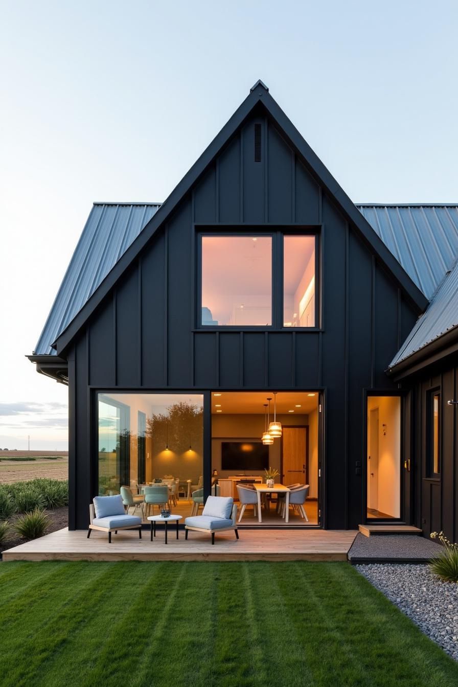 Black contemporary house with gabled roof and wooden deck