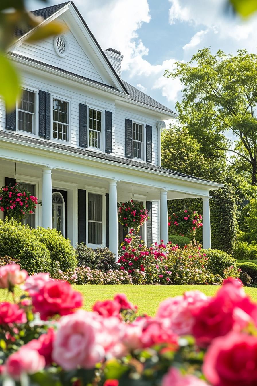 countryside colonial house in white siding windows with shutters porch with columns lush front garden with blooming roses 1