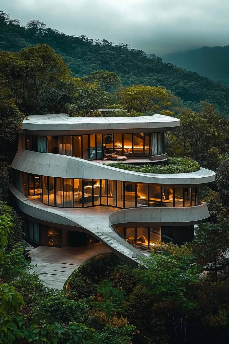 Modern home with curved design nestled in lush green hills